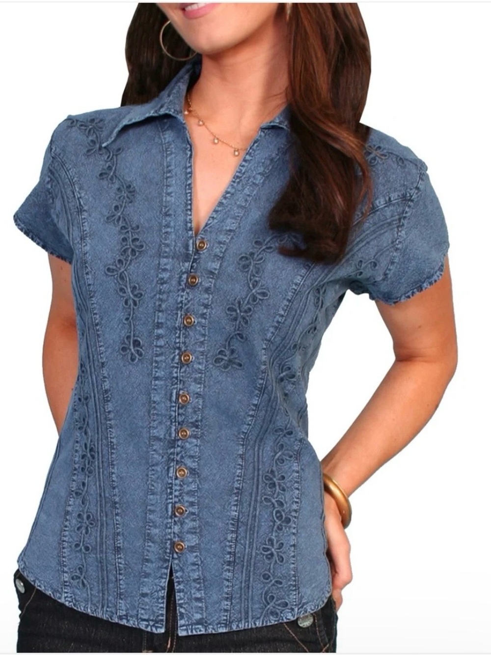 SCULLY WOMEN'S EMBROIDERED SHORT SLEEVE BUTTON-DOWN BLOUSE Size M